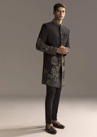 Black Indo Western Set For Men With Heavy Hand Embroidery