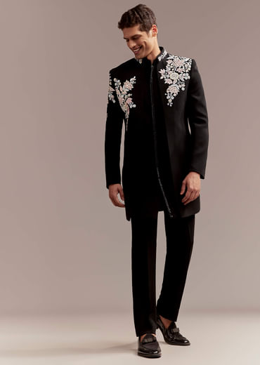 Black Indo Western Set For Men With Multicolour Embroidery