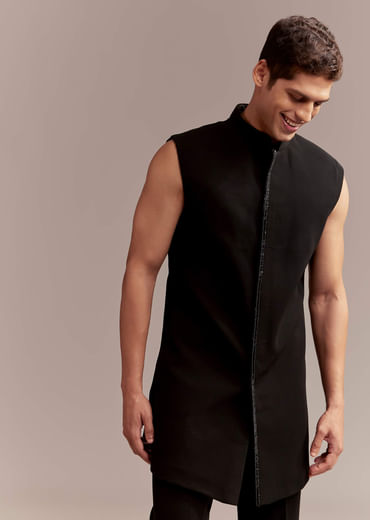 Black Indo Western Set For Men With Multicolour Embroidery
