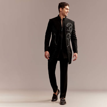 Black Indo Western Set For Men With Zardosi Dragon Motif