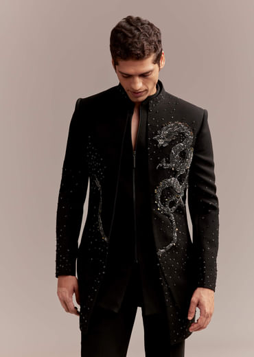 Black Indo Western Set For Men With Zardosi Dragon Motif
