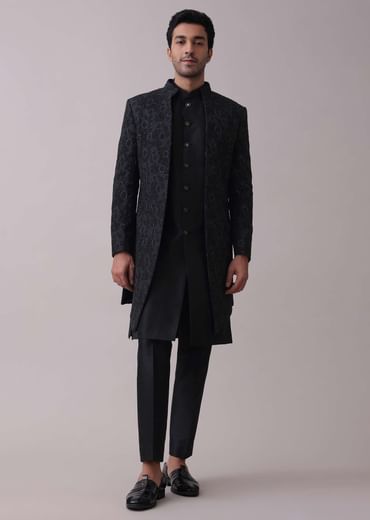 Black Indowestern Achkan Jacket Set In Silk With Moti Embroidery