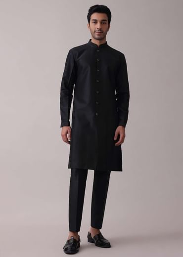 Black Indowestern Achkan Jacket Set In Silk With Moti Embroidery