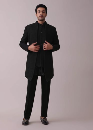 Black Indowestern Four-Piece Embroidered Achkan Jacket Set In Georgette