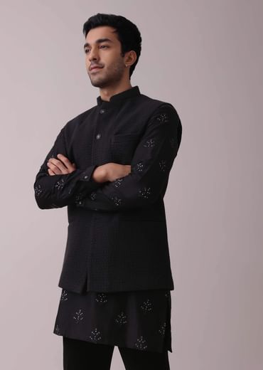 Black Indowestern Four-Piece Embroidered Achkan Jacket Set In Georgette