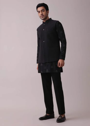 Black Indowestern Four-Piece Embroidered Achkan Jacket Set In Georgette