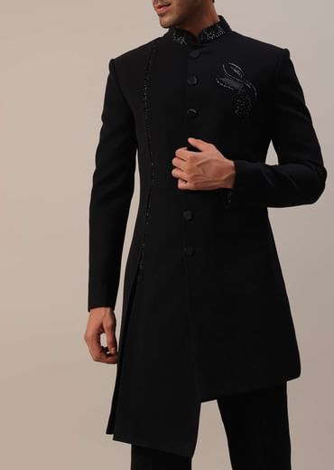 Black Indowestern In Suiting Fabric With Cut Dana Embroidery