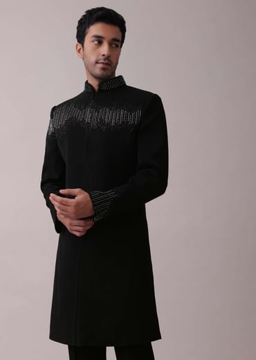 Black Indowestern Jacket Set In Suiting Fabric With Cut Dana Embroidery