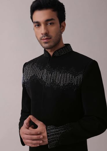 Black Indowestern Jacket Set In Suiting Fabric With Cut Dana Embroidery