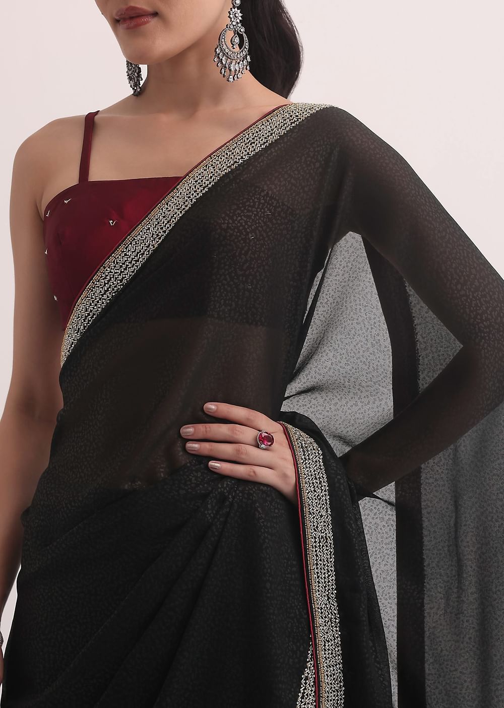 Black Jacquard Saree In Stone Embroidery With Unstitched Blouse