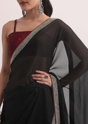 Black Jacquard Saree In Stone Embroidery With Unstitched Blouse