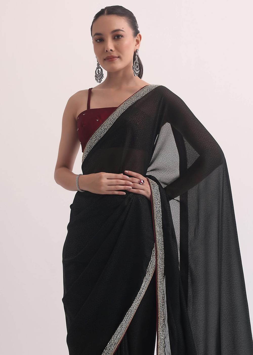 Black Jacquard Saree In Stone Embroidery With Unstitched Blouse