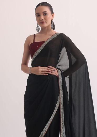 Black Jacquard Saree In Stone Embroidery With Unstitched Blouse