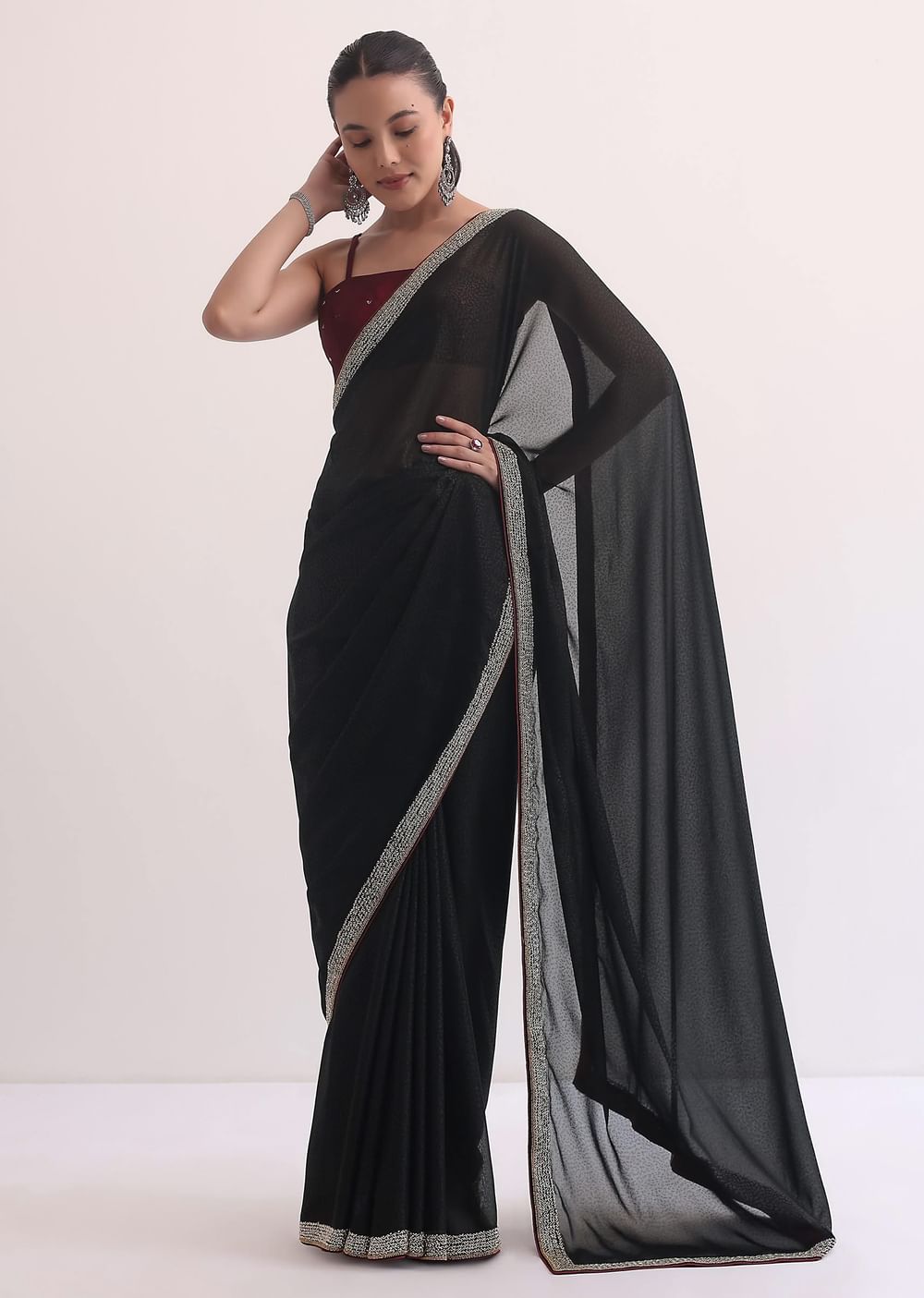 Black Jacquard Saree In Stone Embroidery With Unstitched Blouse