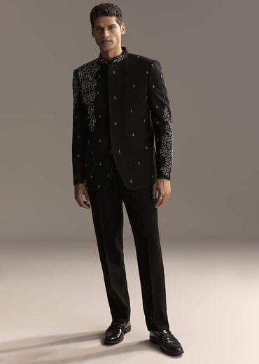 Black Jodhpuri Suit For Men With Heavy Hand Embroidery