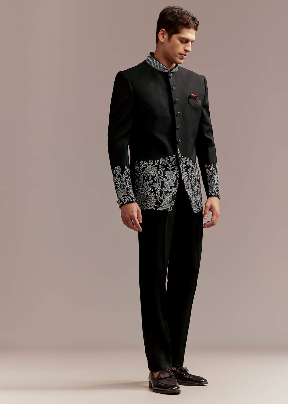Black Jodhpuri Suit For Men With Silver Floral And Bird Embroidery