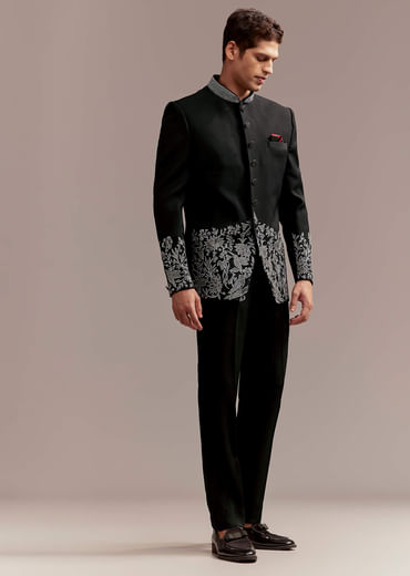 Black Jodhpuri Suit For Men With Silver Floral And Bird Embroidery