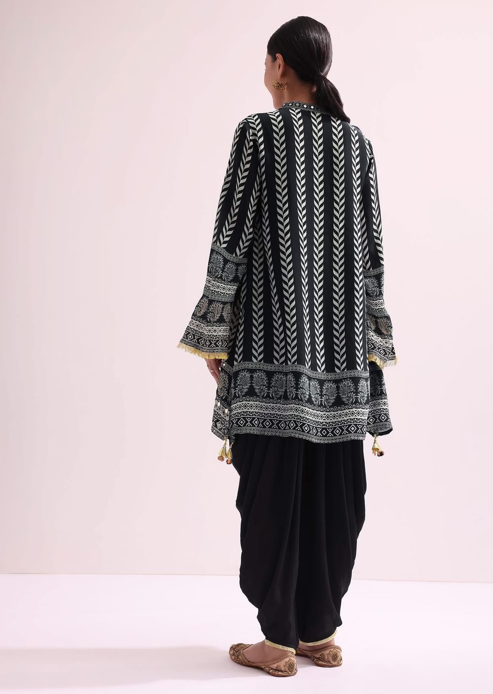 Printed With Embroidery Black Kurta Dhoti Set With Potali
