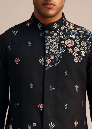 Black Kurta Jacket Set With Floral Embroidered Motifs