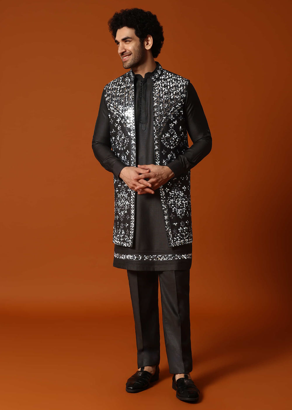 Black Kurta Jacket Set With Mirror Work For Men