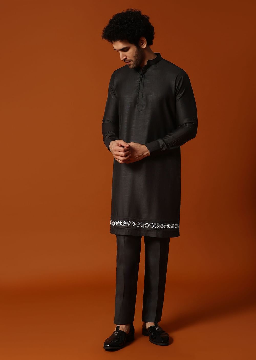 Black Kurta Jacket Set With Mirror Work For Men