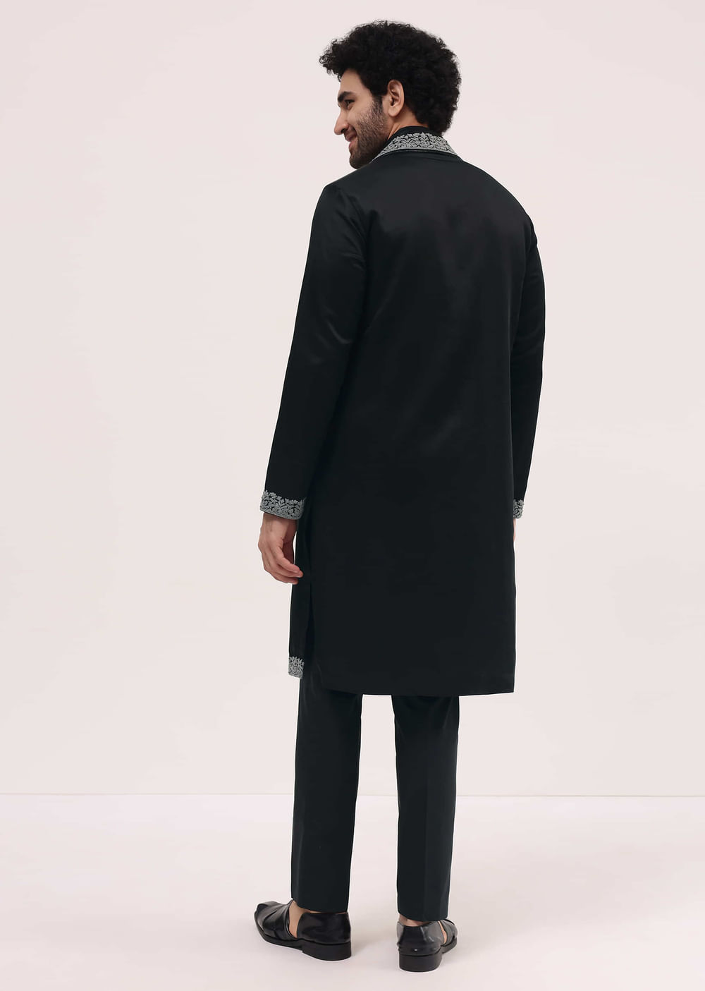 Black Kurta Set In Resham Work With Dupatta For Men