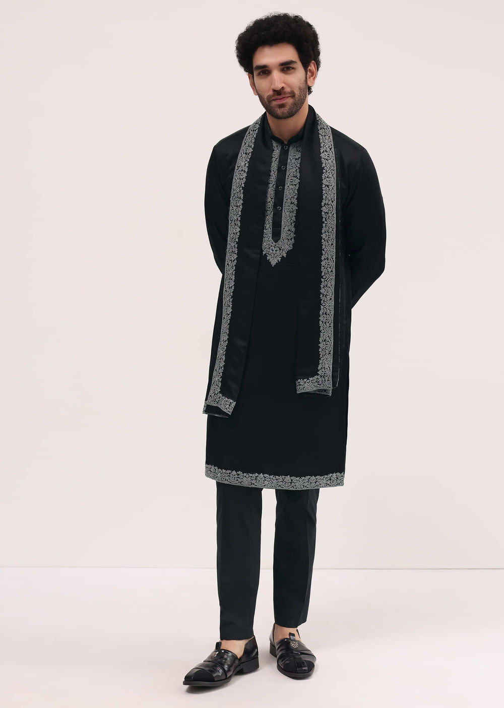 Black Kurta Set In Resham Work With Dupatta For Men