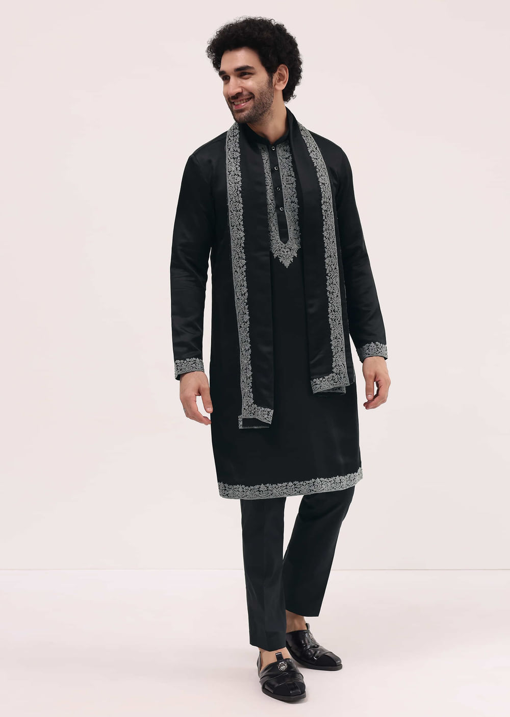 Black Kurta Set In Resham Work With Dupatta For Men