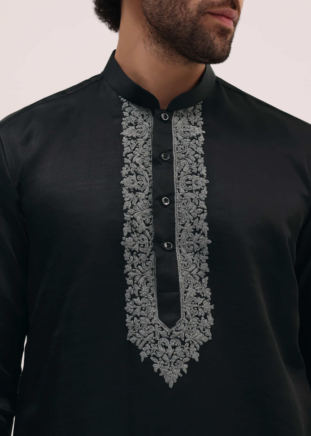Black Kurta Set In Resham Work With Dupatta For Men
