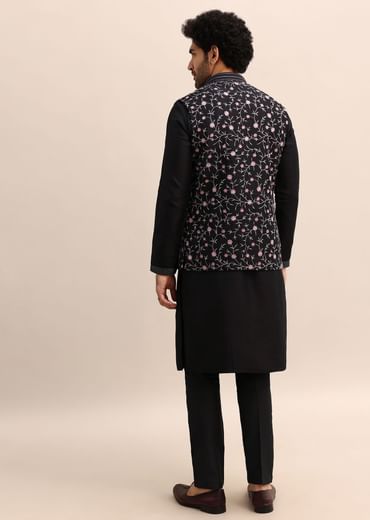 Black Kurta Set With Embroidered Jacket