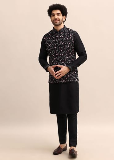 Black Kurta Set With Embroidered Jacket