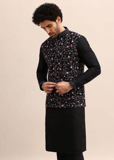Black Kurta Set With Embroidered Jacket