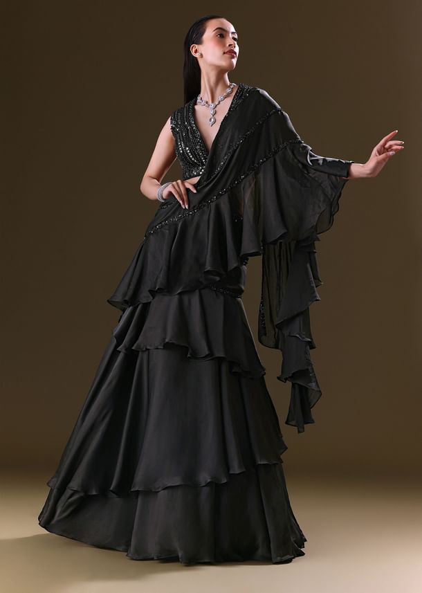 Black Lehenga Choli Set With Attached Dupatta