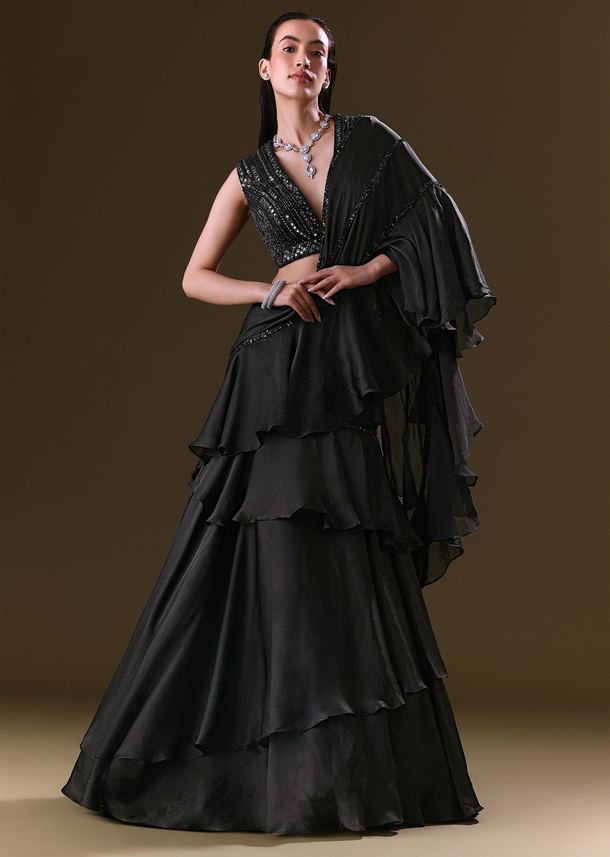 Black Lehenga Choli Set With Attached Dupatta