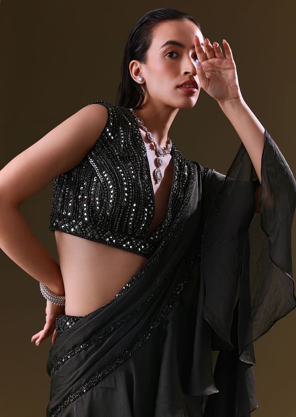 Black Lehenga Choli Set With Attached Dupatta