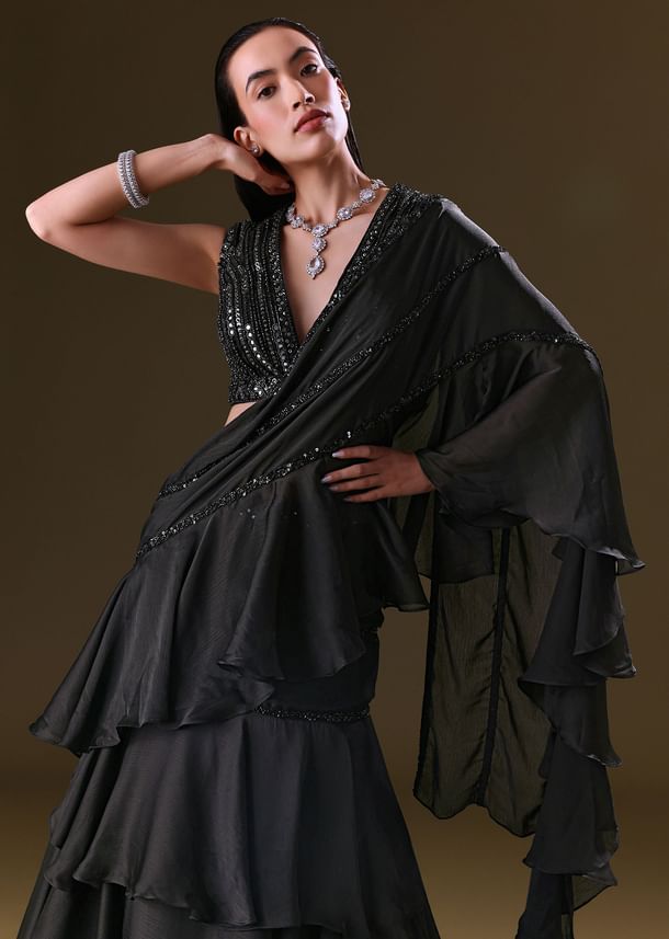 Black Lehenga Choli Set With Attached Dupatta