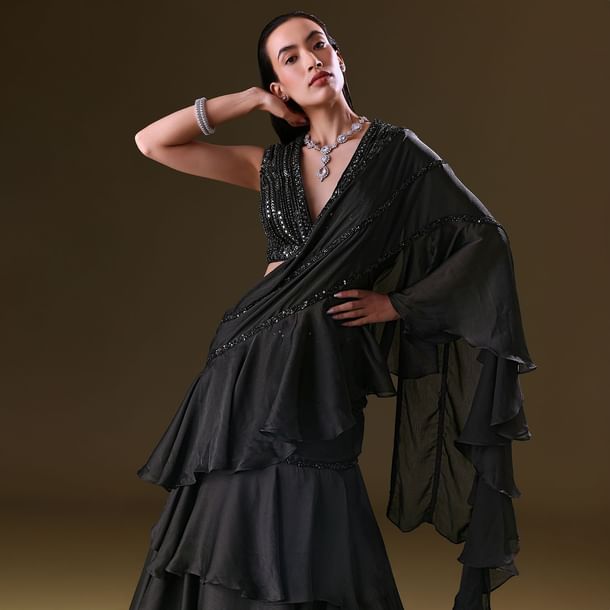 Black Lehenga Choli Set With Attached Dupatta