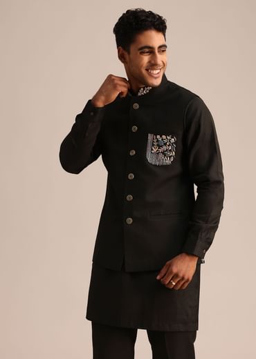 Black Linen Floral Resham Work Jacket Kurta Set