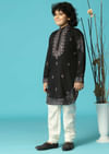 Black Linen Kurta Pant Set With Resham Work For Boys