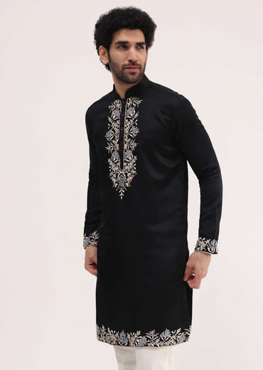 Black Linen Kurta Set With Resham Work For Men