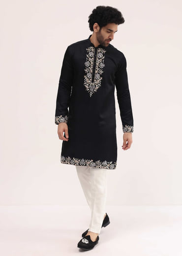 Black Linen Kurta Set With Resham Work For Men