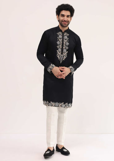 Black Linen Kurta Set With Resham Work For Men