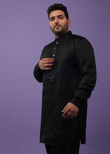 Black Lucknowi Embroidered Kurta In Mini Silk