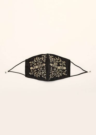 Black Mask In Satin Silk With Moti And Zardosi Embroidered Design All Over