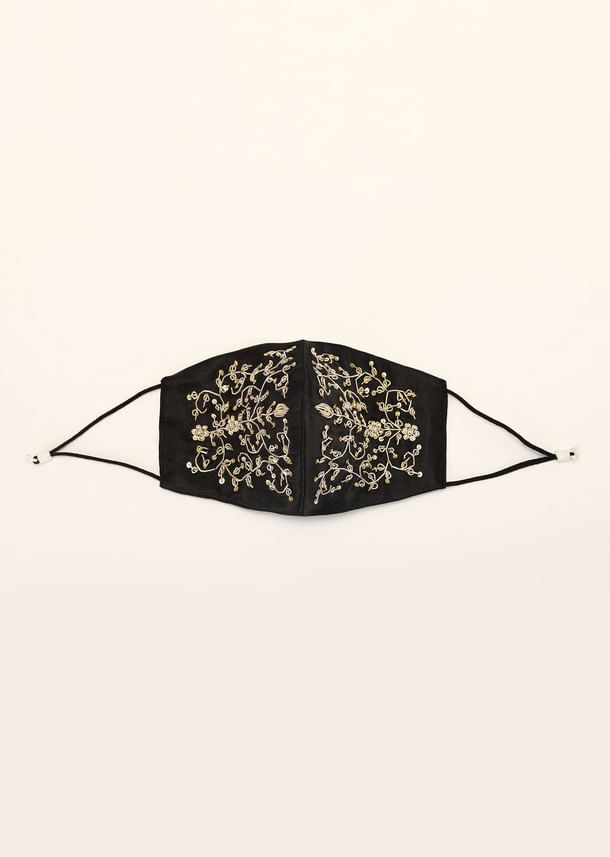 Black Mask In Satin Silk With Moti And Zardosi Embroidered Design All Over Black Mask In Satin Silk With Moti And Zardosi Embroidered Design All Over