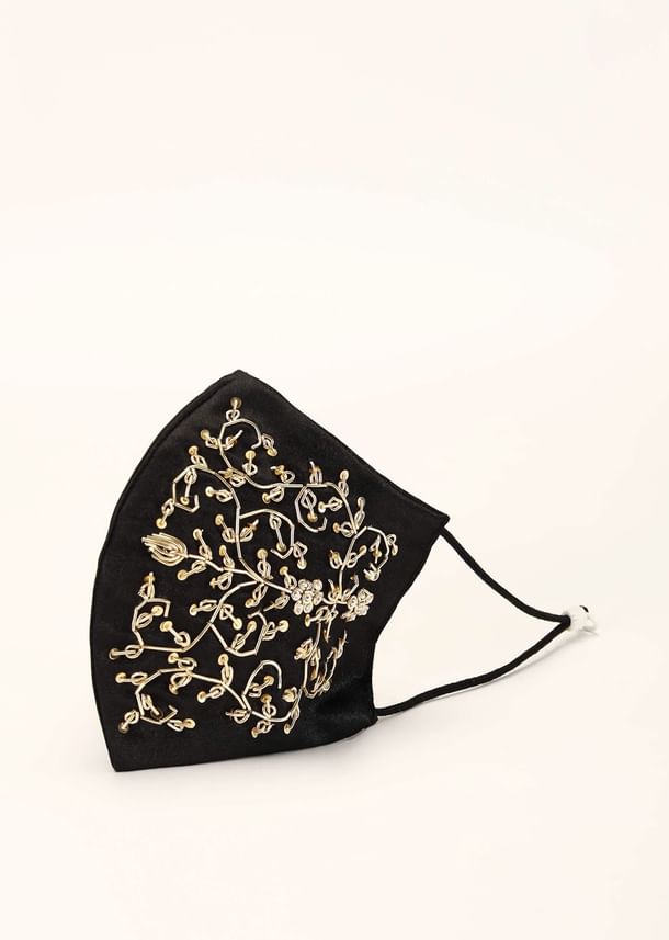 Black Mask In Satin Silk With Moti And Zardosi Embroidered Design All Over Black Mask In Satin Silk With Moti And Zardosi Embroidered Design All Over
