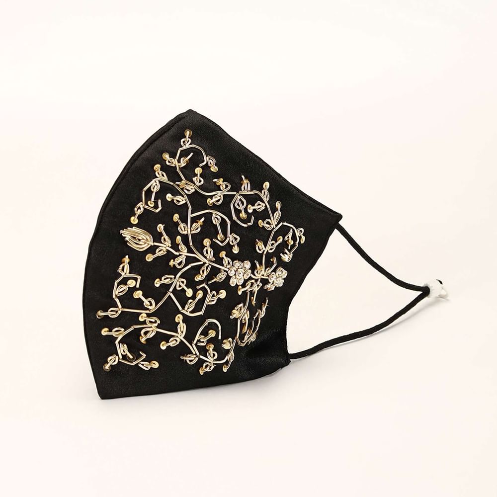 Black Mask In Satin Silk With Moti And Zardosi Embroidered Design All Over