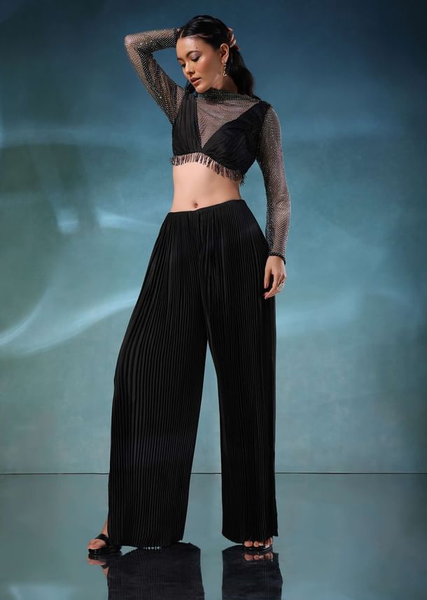 Black Mesh Blouse And Palazzo Set In Satin Black Mesh Blouse And Palazzo Set In Satin