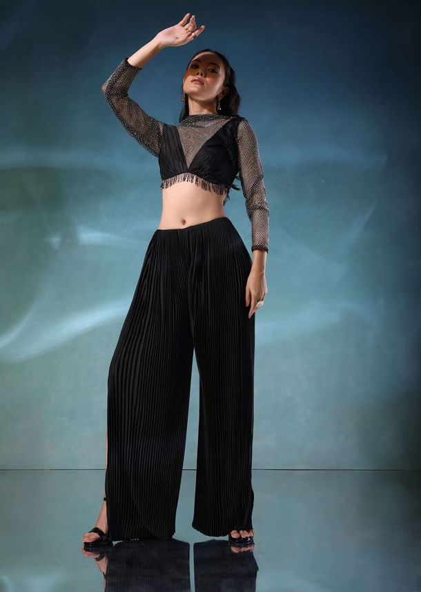 Black Mesh Blouse And Palazzo Set In Satin Black Mesh Blouse And Palazzo Set In Satin