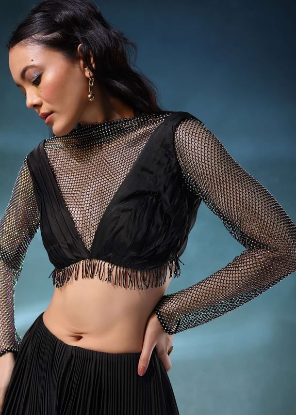 Black Mesh Blouse And Palazzo Set In Satin Black Mesh Blouse And Palazzo Set In Satin